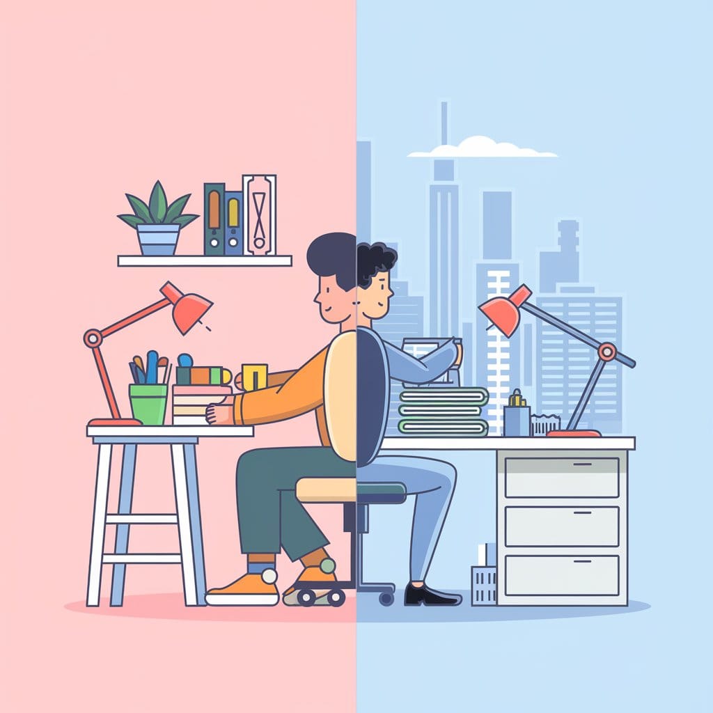 A side-by-side comparison of freelancing and a full-time job. On the left side, a freelancer is shown sitting at a desk in a home office. The freelancer is surrounded by plants, a lamp, and a mug. On the right side, a full-time employee is shown standing at a desk in a cubicle. The employee is surrounded by office supplies, a lamp, and a mug. The background contains a cityscape.