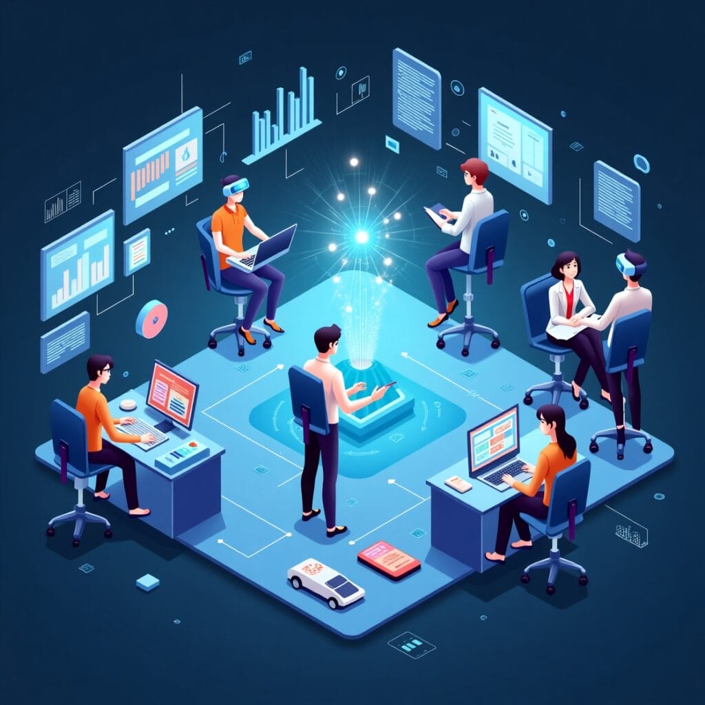 "Create a futuristic image showcasing essential skills and tools needed in 2025, featuring advanced technology like AI, coding interfaces, data analytics dashboards, and collaborative workspaces. Include elements like virtual reality headsets, cloud computing icons, and a diverse group of professionals working together in a high-tech environment."